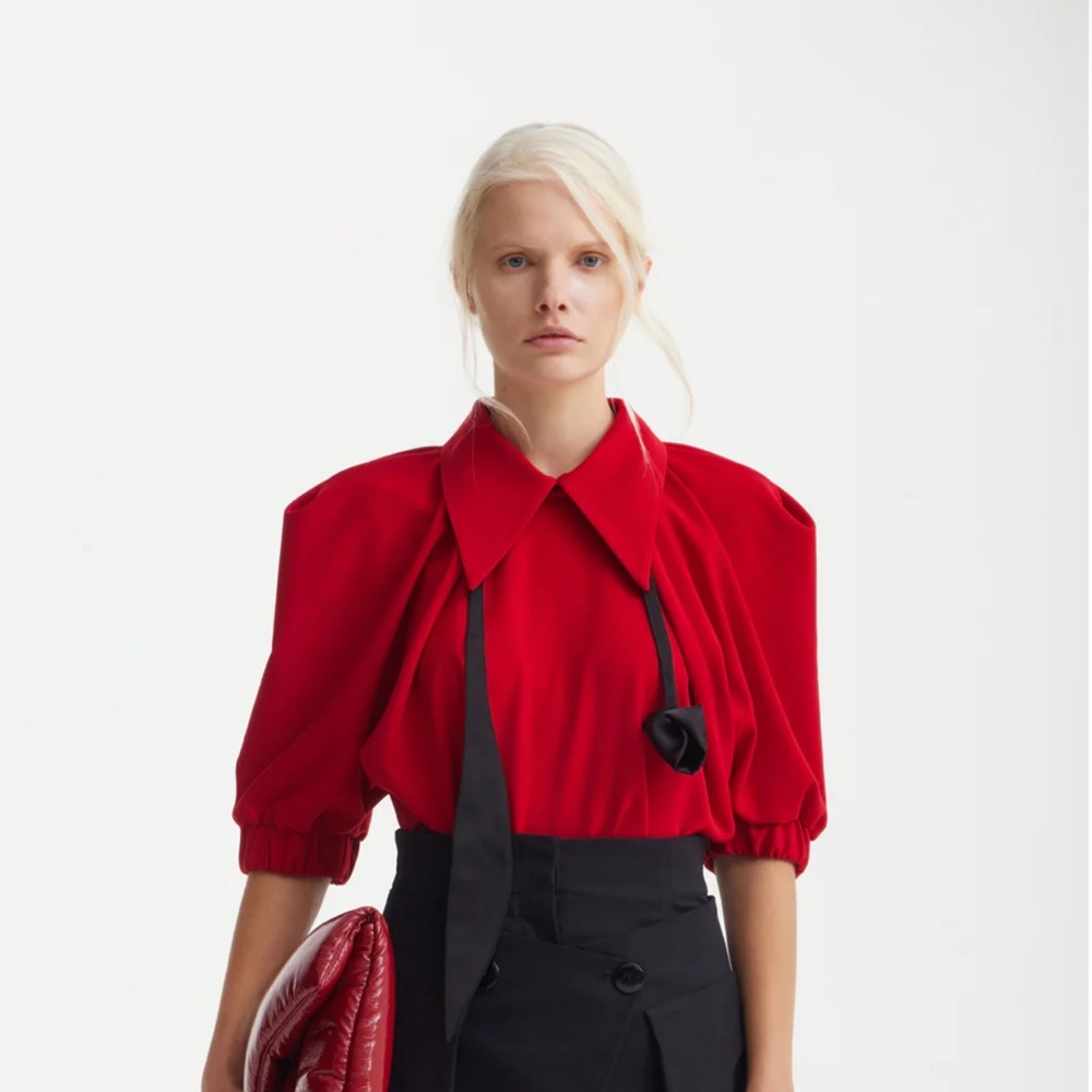 Red Puff-Sleeve Blouse